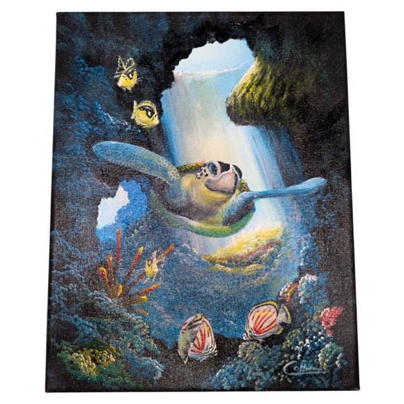 Turtle "Honu Skylight" Sea Turtle Painting 2015 By Hawaii Artist Signed - Picture 5 of 14